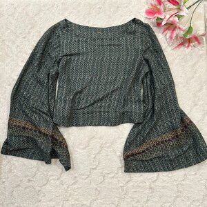 Free People - Stars Aligned Bell Sleeved Cropped Blouse Top Jade Combo Bohemian